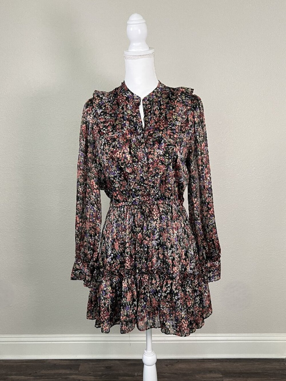 Buddy Love Celia Floral Mini Dress Sheer Long Sleeve Tie Waist Ruffles Sz Small
